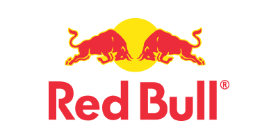 Logo Red Bulla przedstawiające dwa szarżujące czerwone byki na tle żółtego koła, z napisem „Red Bull” poniżej, wykonanym pogrubioną czerwoną czcionką — idealny element identyfikacji wizualnej na stronie Kuba Konwent kontakt.