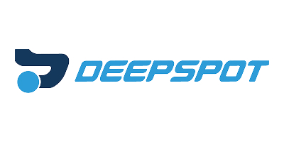 Logo Deepspot z niebieską abstrakcyjną ikoną po lewej stronie i pogrubionym niebieskim napisem „DEEPSPOT” po prawej stronie, autorstwa Kuby Konwenta.