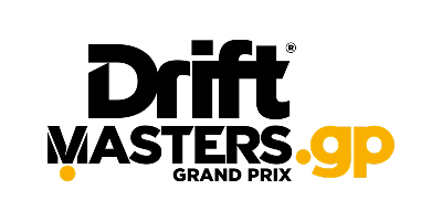 Logo Drift Masters Grand Prix w wyrazistej czerni i żółci, z napisem „Drift Masters.gp” i „Grand Prix” poniżej oraz danymi kontaktowymi Kuby Konwenta.