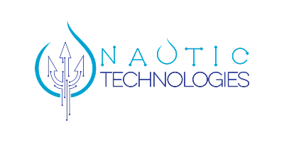 Logo firmy Nautic Technologies przedstawiające stylizowany trójząb w kropli wody, z niebieskim i fioletowym napisem, autorstwa Kuby Konwenta; w celu uzyskania szczegółowych informacji prosimy o kontakt.