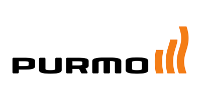 Logo Purmo przedstawia napis „PURMO” wykonany pogrubioną czarną czcionką, z trzema wznoszącymi się pomarańczowymi paskami po prawej stronie, dzięki czemu jest łatwo rozpoznawalne.
