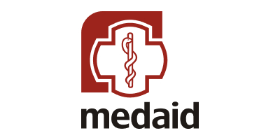 Logo przedstawiające czerwony krzyż medyczny, laskę Asklepiosa oraz napis „medaid” małymi czarnymi literami poniżej, przeznaczone dla Kuba Konwent kontakt.