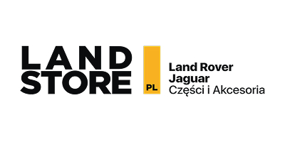 Logo Land Store PL z napisem „Land Rover Jaguar Części i Akcesoria”, danymi kontaktowymi Kuby Konwenta oraz żółtą pionową linią oddzielającą.