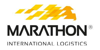 Logo firmy Marathon International Logistics przedstawia stylizowane żółte strzałki umieszczone nad czarnym napisem z nazwą firmy; zostało zaprojektowane dla Kuba Konwent kontakt.