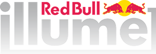 Logo Red Bull Illume przedstawiające dwa czerwone byki stojące naprzeciw siebie na tle żółtego koła, a nad nim napis „illume” wykonany dużymi literami w szarym cieniowaniu.